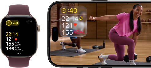 Apple Watch neben einem iPhone mit Apple Fitness+ Kurs auf dem Display